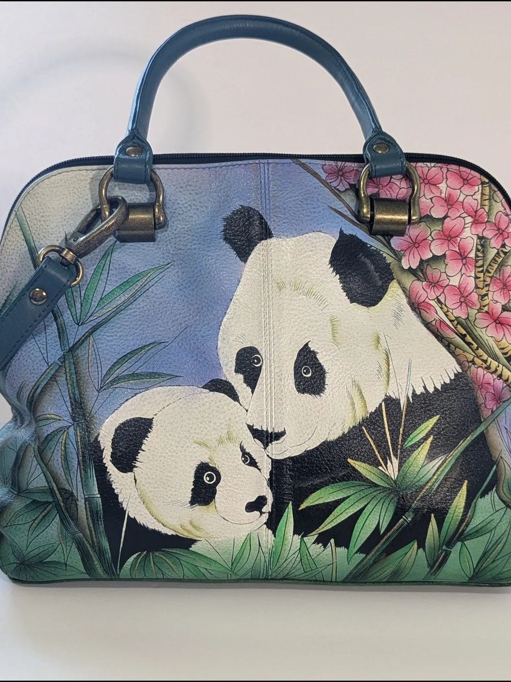 Anuschka Hand Painted Leather Satchel Panda Floral Crossbody Shoulder Bag Art
